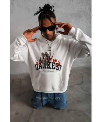 Erkek Oversize Kapüşonlu Sweatshirt – Beyaz Renk Üç İplik İçi Pamuklu Kanguru Cepli Baskılı Hoodie Rahat Kalıp Kışlık Günlük Kombinlere Uygun - Beyaz