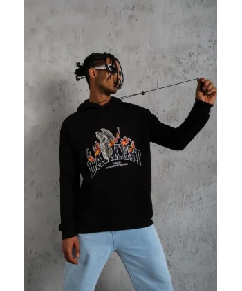 Erkek Oversize Kapüşonlu Sweatshirt – Siyah Renk Üç İplik İçi Pamuklu Kanguru Cepli Baskılı Hoodie Rahat Kalıp Kışlık Günlük Kombinlere Uygun - Siyah