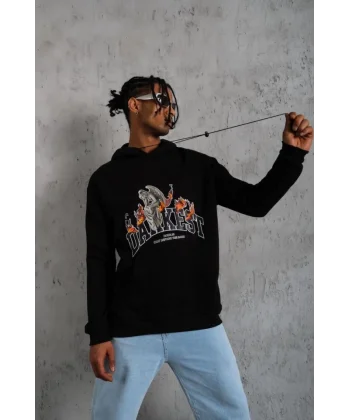 Erkek Oversize Kapüşonlu Sweatshirt – Siyah Renk Üç İplik İçi Pamuklu Kanguru Cepli Baskılı Hoodie Rahat Kalıp Kışlık Günlük Kombinlere Uygun - Siyah