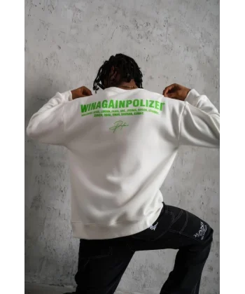 Erkek Oversize Sweatshirt – Beyaz Renk  Ön Ve Sırt Baskılı, Üç İplik İçi Pamuklu Kumaş, Rahat Kalıp, Ribanalı Kışlık Sweat  Winagain Polizei Serisi - Beyaz