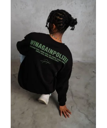 Erkek Oversize Sweatshirt – Siyah Renk  Ön Ve Sırt Baskılı, Üç İplik İçi Pamuklu Kumaş, Rahat Kalıp, Ribanalı Kışlık Sweat  Winagain Polizei Serisi - Siyah