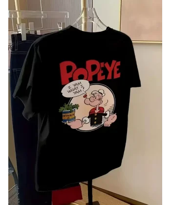 Erkek Oversize Tişörtü  Popeye the Sailor Retro Vintage Ispanak | Hediye olarak idealdir, farklı boyutları mevcuttur. - Siyah