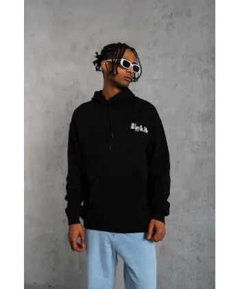 Erkek Oversize Üç İplik Kapüşonlu Sweat – Siyah Kol ve Etek Ribana Detaylı, Ön ve Sırt Baskılı, Kanguru Cepli Rahat Kalıp Model