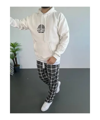 Erkek Oversize Üç İplik Kapüşonlu Sweatshirt – Beyaz Ön Baskılı, Kanguru Cepli, Rahat Kalıp, İçi Pamuklu Model