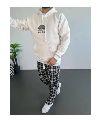 Erkek Oversize Üç İplik Kapüşonlu Sweatshirt – Beyaz Ön Baskılı, Kanguru Cepli, Rahat Kalıp, İçi Pamuklu Model