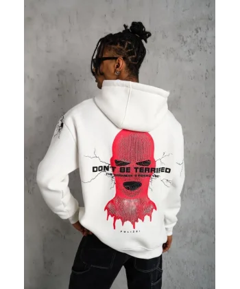 Erkek Oversize Üç İplik Kapüşonlu Sweatshirt – “Don’t Be Terrified” Ön, Sırt ve Kol Baskılı, Kanguru Cepli, Ribanalı Rahat Model - Beyaz