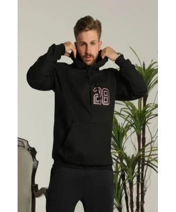 Erkek Oversize Üç İplik Kapüşonlu Sweatshirt –Sırt ve Ön Baskılı, Kanguru Cepli, Rahat Kalıp Maskot Desenli Model - Siyah