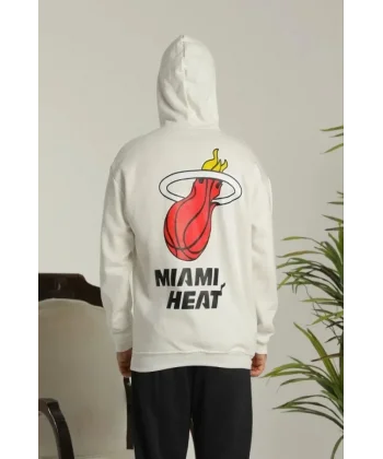 Erkek Oversize Üç İplik Kapüşonlu Sweatshirt –Sırt Ve Ön Baskılı, Kanguru Cepli, Rahat Kalıp Maskot Desenli Model - Siyah Beyaz