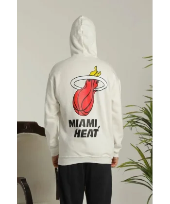 Erkek Oversize Üç İplik Kapüşonlu Sweatshirt –Sırt ve Ön Baskılı, Kanguru Cepli, Rahat Kalıp Maskot Desenli Model - Siyah Beyaz