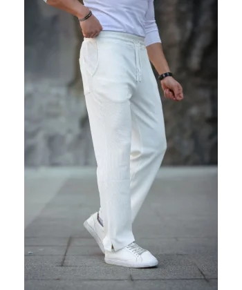 Erkek Paça Yırtmaçlı Burgu Selanik Dokulu Jogger Buggy Pantalon Rahat Kalıp - Beyaz