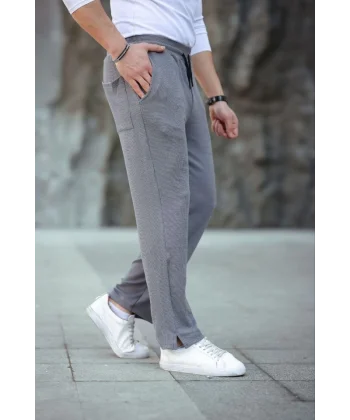 Erkek Paça Yırtmaçlı Burgu Selanik Dokulu Jogger Buggy Pantalon Rahat Kalıp - Gri