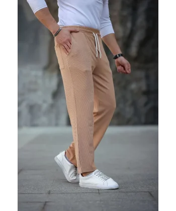 Erkek Paça Yırtmaçlı Burgu selanik dokulu Jogger Buggy Pantalon Rahat kalıp - Kahverengi