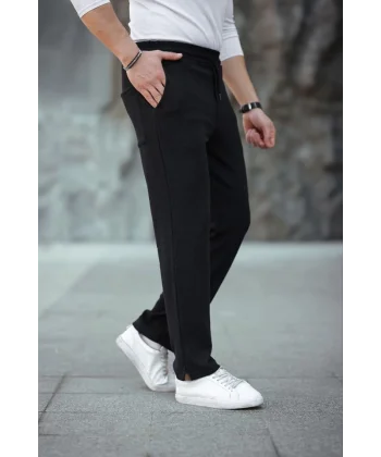 Erkek Paça Yırtmaçlı Burgu Selanik Dokulu Jogger Buggy Pantalon Rahat Kalıp - Siyah