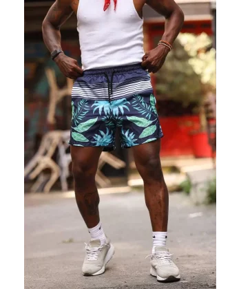 Erkek Palmiye Desenli Deniz Cepli Şort - Mavi