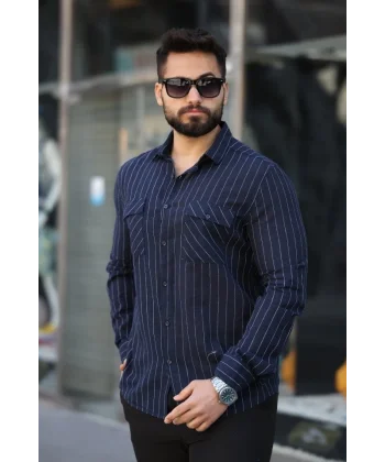 Erkek Pamuklu Çizgi Desenli Cep Detaylı Gömlek
