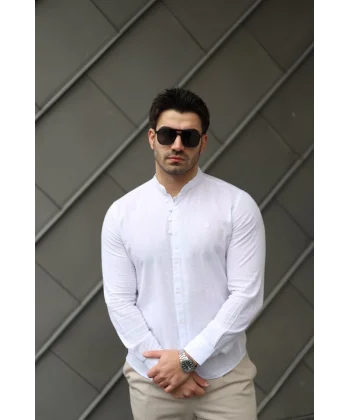 Erkek Pamuklu Keten Kumaş Hakim Yaka Gömlek