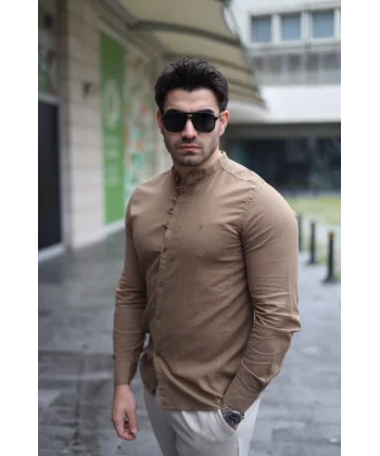 Erkek Pamuklu Keten Kumaş Hakim Yaka Gömlek