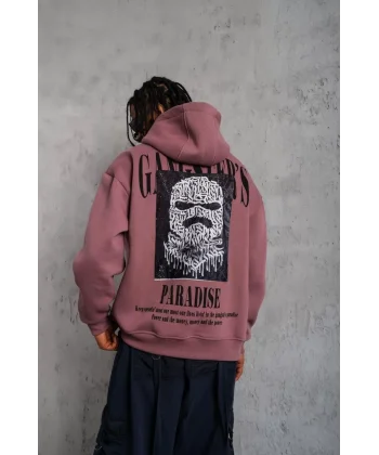 Erkek Paradise Baskılı Kapüşonlu Sweat - Gül Kurusu