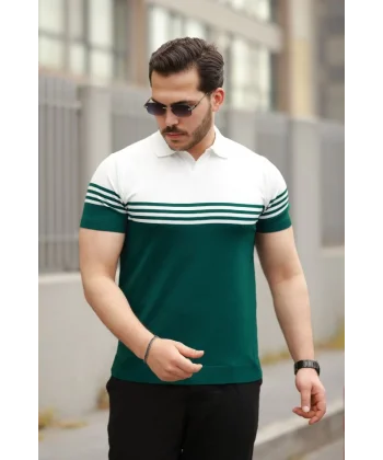 Erkek Parça Renk Yakalı Kısa Kollu T-shirt