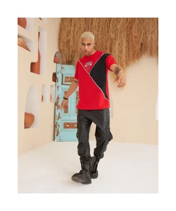 Erkek Parçalı Baskılı Oversize T-shirt - Kırmızı