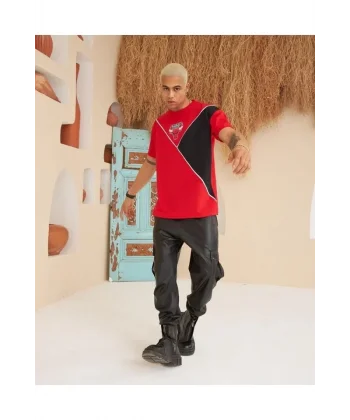 Erkek Parçalı Baskılı Oversize T-shirt - Kırmızı