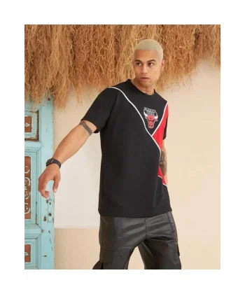 Erkek Parçalı Baskılı Oversize T-shirt - Siyah