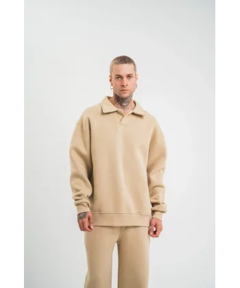 Erkek Patlı Yaka Üç İplik Pamuklu Sweatshirt Double Oversize Rahat Kalıp Günlük Kullanım – Bej