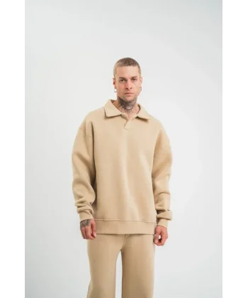 Erkek Patlı Yaka Üç İplik Pamuklu Sweatshirt Double Oversize Rahat Kalıp Günlük Kullanım – Bej