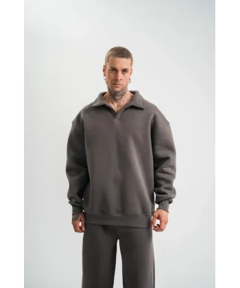 Erkek Patlı Yaka Üç İplik Pamuklu Sweatshirt Double Oversize Rahat Kalıp Günlük Kullanım - Füme