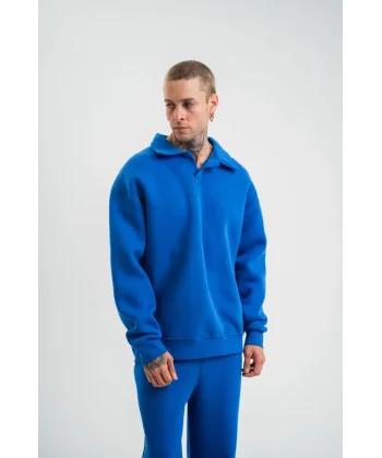 Erkek Patlı Yaka Üç İplik Pamuklu Sweatshirt Double Oversize Rahat Kalıp Günlük Kullanım - Mavi