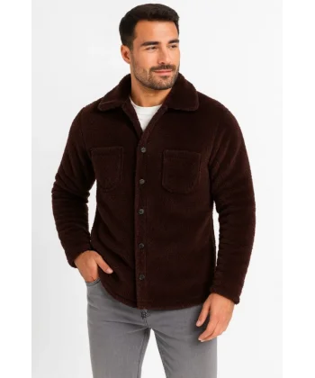 Erkek Pelüş Polar Hırka Gömlek – Yakalı, İlik Düğmeli, Göğüs Cepli, Yumuşak Dokulu Kışlık Regular Fit Rahat Günlük Model - Kahverengi