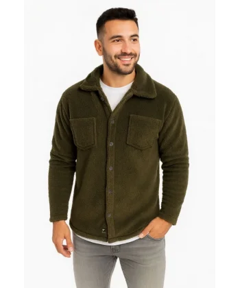 Erkek Pelüş Polar Hırka Gömlek – Yakalı, İlik Düğmeli, Göğüs Cepli, Yumuşak Dokulu Kışlık Regular Fit Rahat Günlük Model - Haki