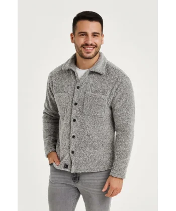 Erkek Pelüş Polar Hırka Gömlek – Yakalı, İlik Düğmeli, Göğüs Cepli, Yumuşak Dokulu Kışlık Regular Fit Rahat Günlük Model - Gri