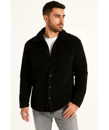 Erkek Pelüş Polar Hırka Gömlek – Yakalı, İlik Düğmeli, Göğüs Cepli, Yumuşak Dokulu Kışlık Regular Fit Rahat Günlük Model - Siyah