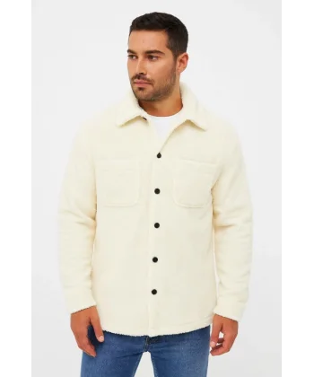 Erkek Pelüş Polar Hırka Gömlek – Yakalı, İlik Düğmeli, Göğüs Cepli, Yumuşak Dokulu Kışlık Regular Fit Rahat Günlük Model - Beyaz