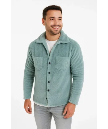 Erkek Pelüş Polar Hırka Gömlek – Yakalı, İlik Düğmeli, Göğüs Cepli, Yumuşak Dokulu Kışlık Regular Fit Rahat Günlük Model - Bebe Mavisi