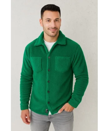 Erkek Pelüş Polar Hırka Gömlek – Yakalı, İlik Düğmeli, Göğüs Cepli, Yumuşak Dokulu Kışlık Regular Fit Rahat Günlük Model - Çimen Yeşili