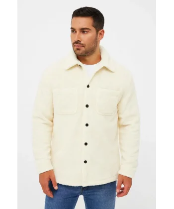 Erkek Pelüş Polar Hırka Gömlek – Yakalı, İlik Düğmeli, Göğüs Cepli, Yumuşak Dokulu Kışlık Regular Fit Rahat Günlük Model - Beyaz