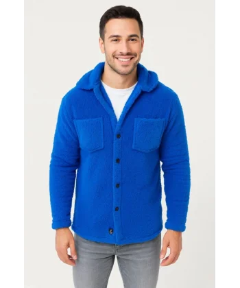 Erkek Pelüş Polar Hırka Gömlek – Yakalı, İlik Düğmeli, Göğüs Cepli, Yumuşak Dokulu Kışlık Regular Fit Rahat Günlük Model - Saks Mavisi