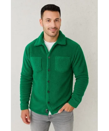Erkek Pelüş Polar Hırka Gömlek – Yakalı, İlik Düğmeli, Göğüs Cepli, Yumuşak Dokulu Kışlık Regular Fit Rahat Günlük Model - Çimen Yeşili