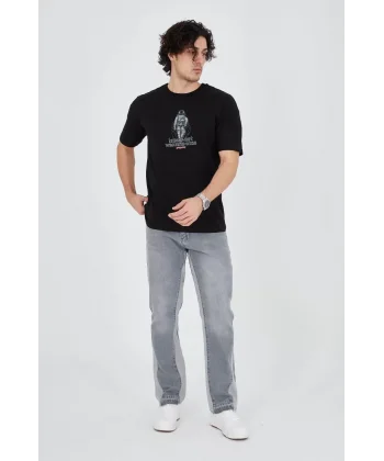 Erkek Penye Baskılı T-Shirt - Siyah