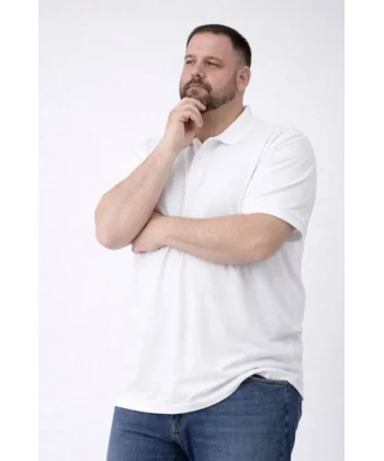 Erkek Pike Kumaş Düğmeli Yaka Battal Büyük Beden Günlük Kısa Kol Tişört T-shirt - Beyaz