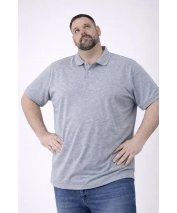 Erkek Pike Kumaş Düğmeli Yaka Battal Büyük Beden Günlük Kısa Kol Tişört T-shirt - Gri