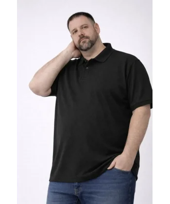 Erkek Pike Kumaş Düğmeli Yaka Battal Büyük Beden Günlük Kısa Kol Tişört T-shirt - Siyah