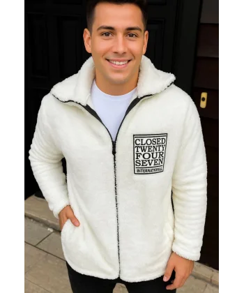 Erkek Polar Fermuarlı Sweatshirt – Kapüşonsuz, Cepli, Yumuşak Dokulu, Oversize Rahat Kalıp, Kışlık Sıcak Tutan Fermuarlı Üst - Beyaz