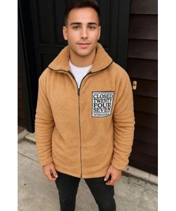 Erkek Polar Fermuarlı Sweatshirt – Kapüşonsuz, Cepli, Yumuşak Dokulu, Oversize Rahat Kalıp, Kışlık Sıcak Tutan Fermuarlı Üst - Kahverengi