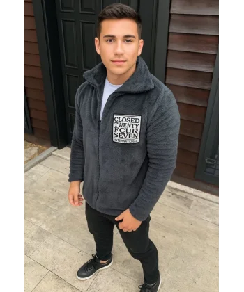 Erkek Polar Fermuarlı Sweatshirt – Kapüşonsuz, Cepli, Yumuşak Dokulu, Oversize Rahat Kalıp, Kışlık Sıcak Tutan Fermuarlı Üst - Füme