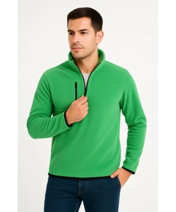 Erkek Polar Kazak – Dik Yaka, Yarım Fermuarlı, Fermuarlı Göğüs Cepli, Siyah Biyeli, Kışlık Rahat Regular Fit Günlük Model - Yeşil