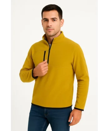 Erkek Polar Kazak – Dik Yaka, Yarım Fermuarlı, Fermuarlı Göğüs Cepli, Siyah Biyeli, Kışlık Rahat Regular Fit Günlük Model - Sarı