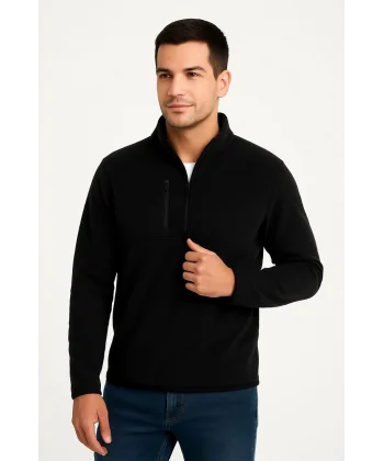 Erkek Polar Kazak – Dik Yaka, Yarım Fermuarlı, Fermuarlı Göğüs Cepli, Siyah Biyeli, Kışlık Rahat Regular Fit Günlük Model - Siyah